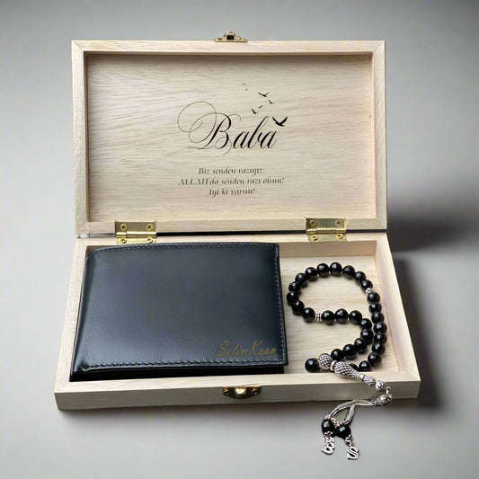 Personalized Gift Set Leather Wallet, Prayer Beads & Gift Box