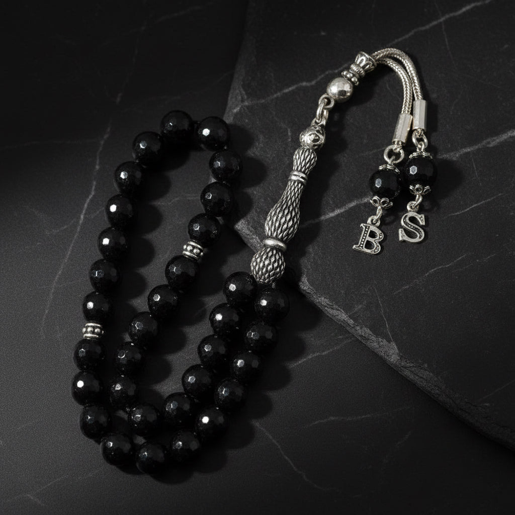 Onyx Gebetskette mit Initial aus 925 Silber