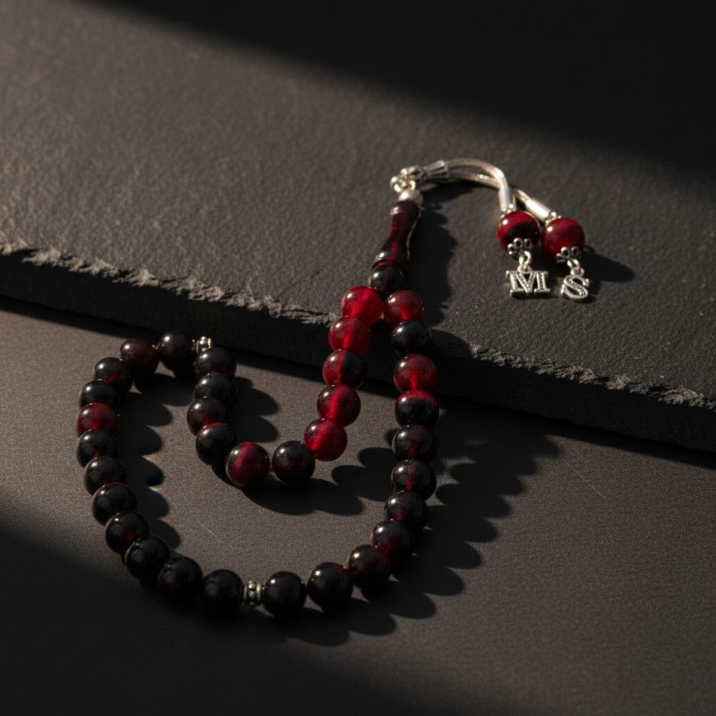 Red filtrate squeezing amber letter silver piece rosary