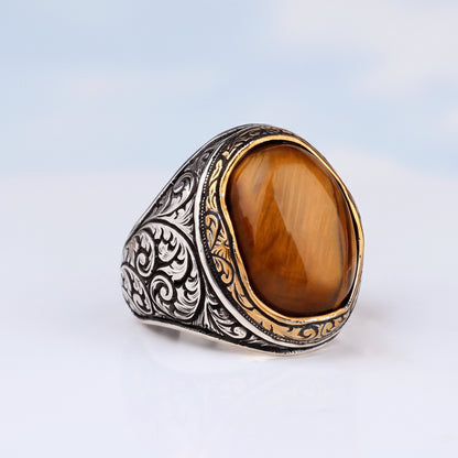 Kaplan Gözü Taşlı Erkek Gümüş Yüzük