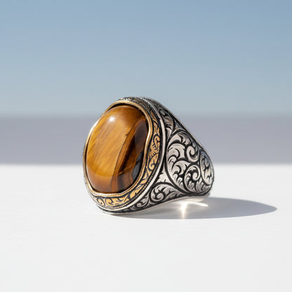 Kaplan Gözü Taşlı Erkek Gümüş Yüzük