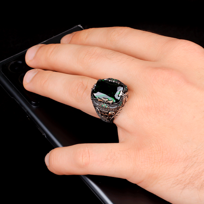 Green Zircon Stone Men's Silver Ring