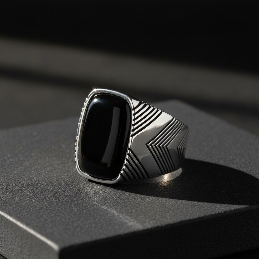 Schwarzer Onyx Stein Herrenring aus Sterlingsilber