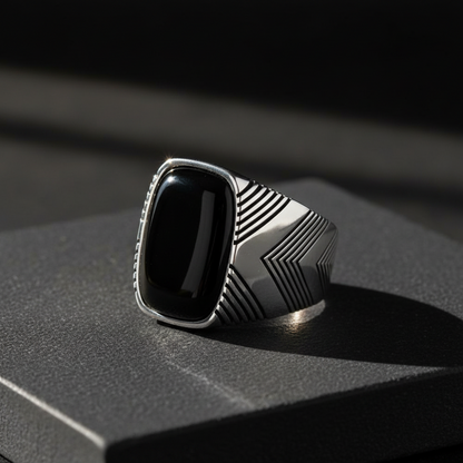 Schwarzer Onyx Stein Herrenring aus Sterlingsilber