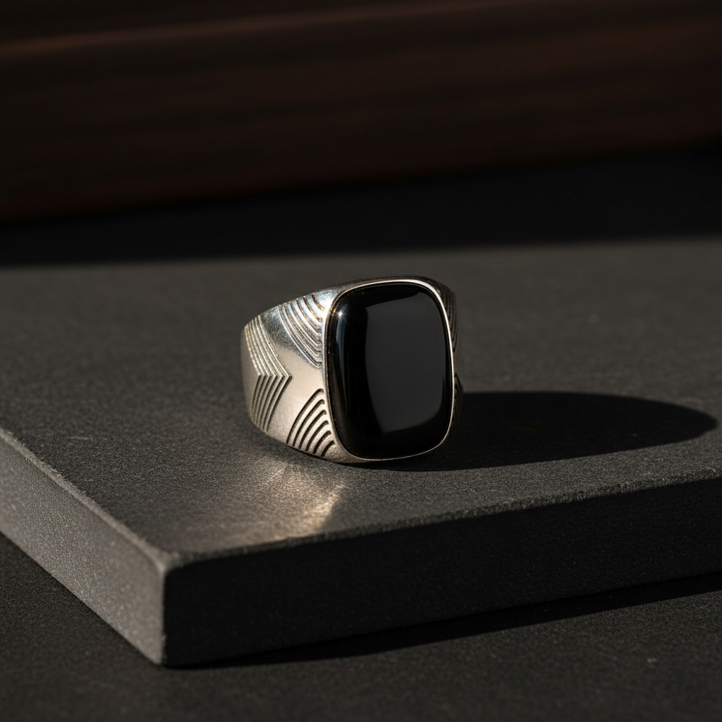 Schwarzer Onyx Stein Herrenring aus Sterlingsilber