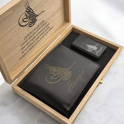 Tuğra Nom de scellement portefeuille en cuir écrit et ensemble cadeau plus léger