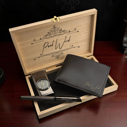 Nom du stylo de portefeuille en cuir écrit et ensemble cadeau plus léger