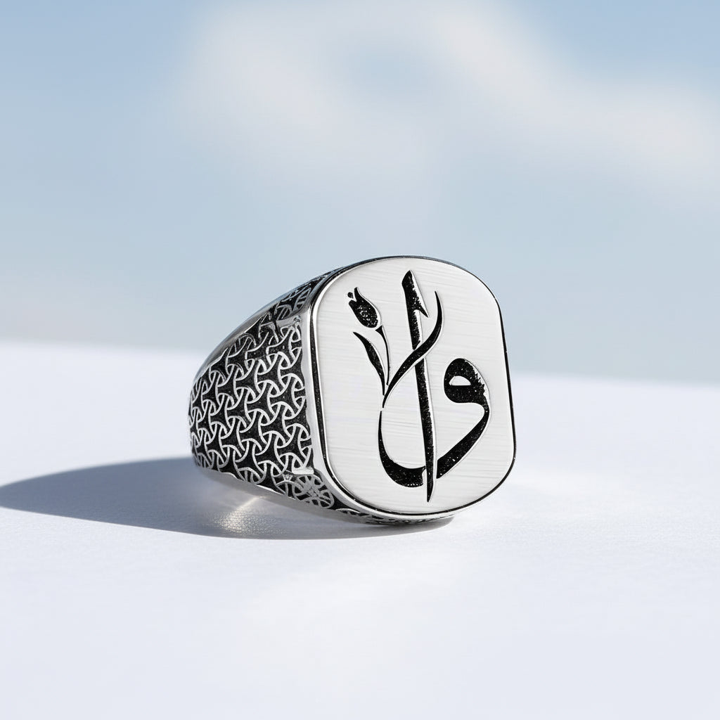925 Ayar Gümüş Lale Motifli Elif Vav Erkek Yüzük