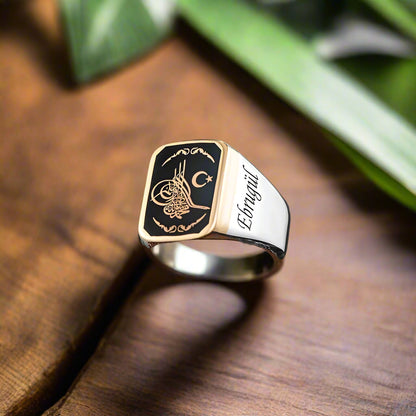 Osmanlı Tuğralı ve İsim Yazılı 925 Ayar Gümüş Erkek Yüzük