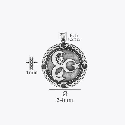 Üç Hilal Tuğra ve Bozkurt Motifli Erkek Gümüş Kolye