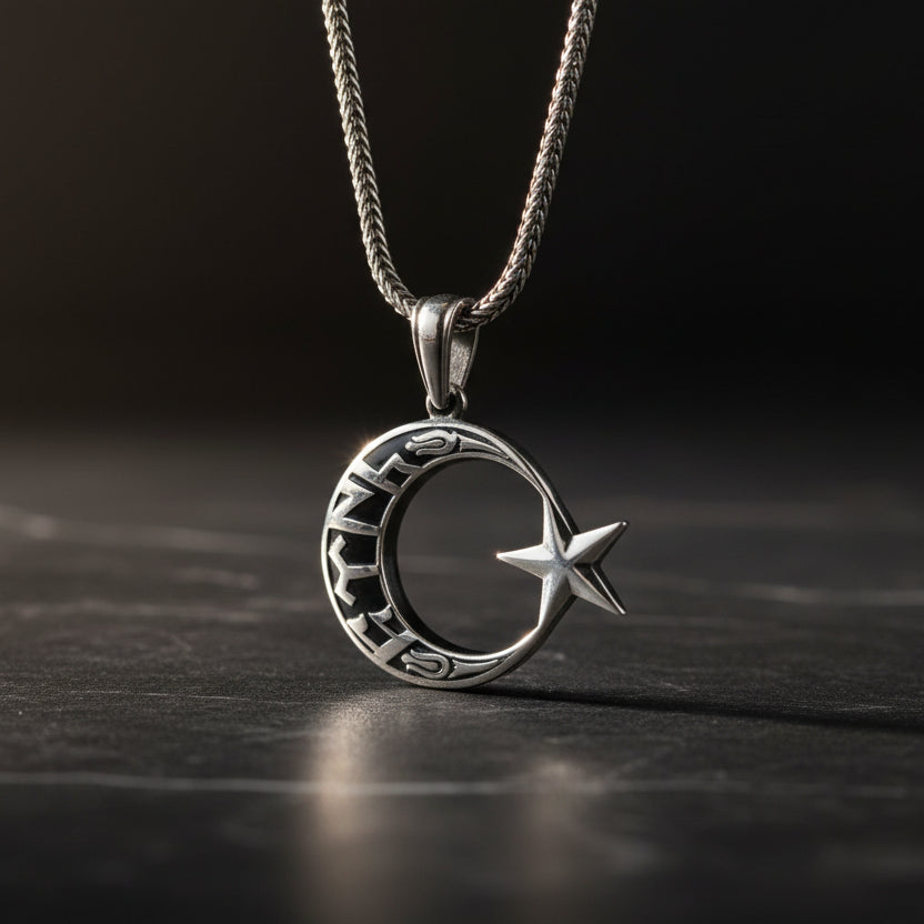 Göktürkçe Türk Yazılı Ay Yıldız 925 Ayar Gümüş Kolye