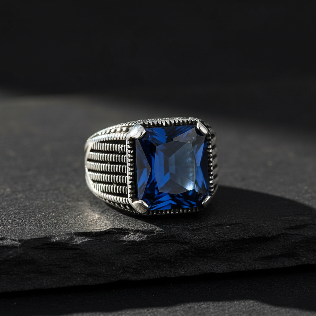 Blue Zircon Stone Men's Silver Ring