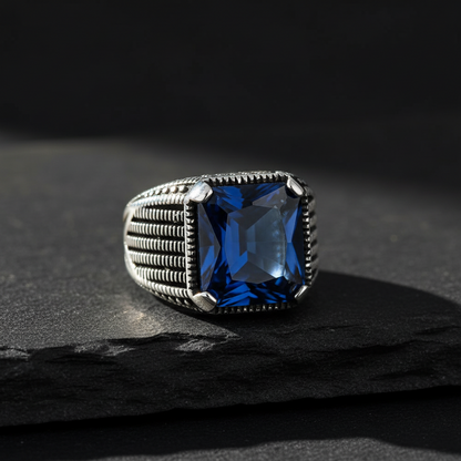 Blue Zircon Stone Men's Silver Ring