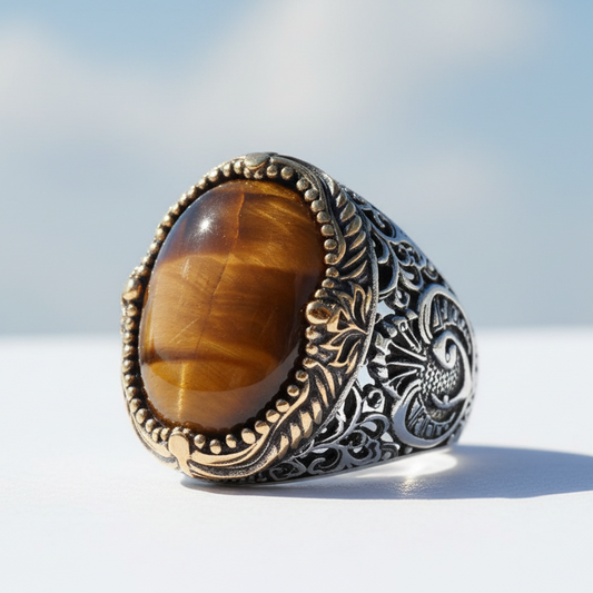 Oval tiger eye silver ring with stone