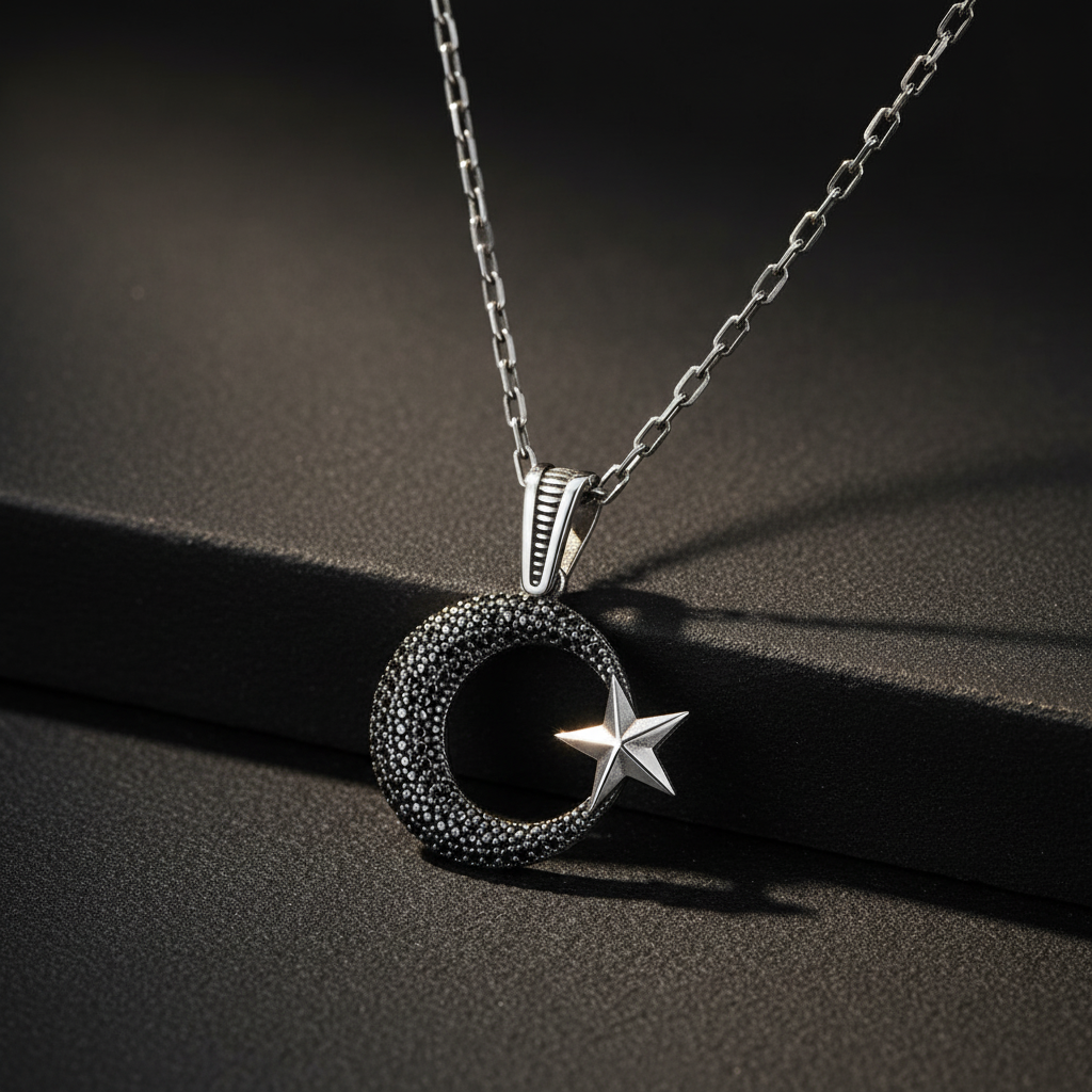 Zircon Stone Moon Star Silver Men's Necklace