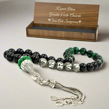 925 Ayar Gümüş Isimli Oniks Kaplan Gözü Tesbih