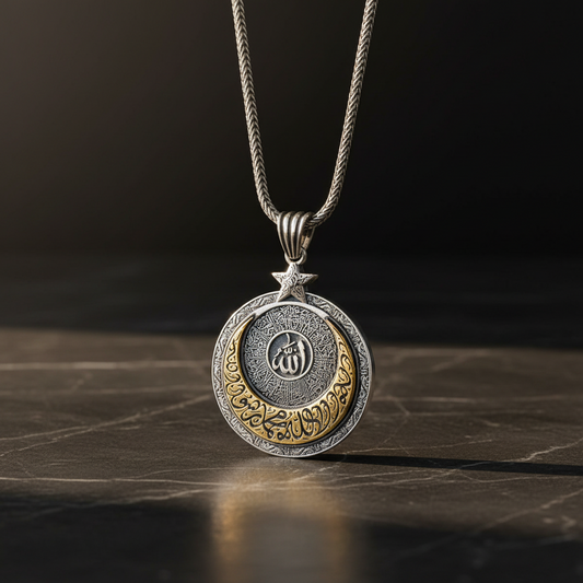 Moon Yildiz Word-i Tevhid Verse-El Kürsi Prayer Silver Necklace