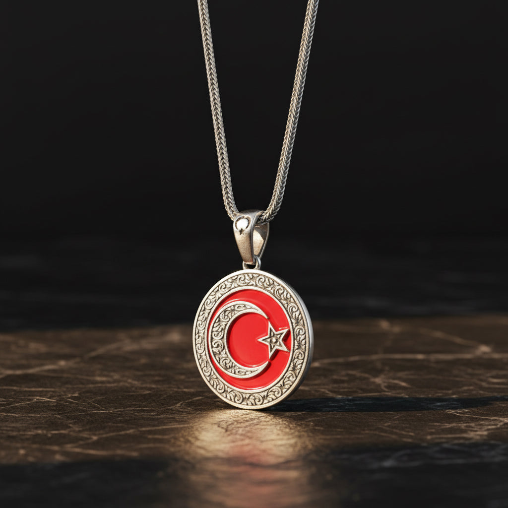 Gravür İşlemeli Ay Yıldız 925 Ayar Gümüş Kolye