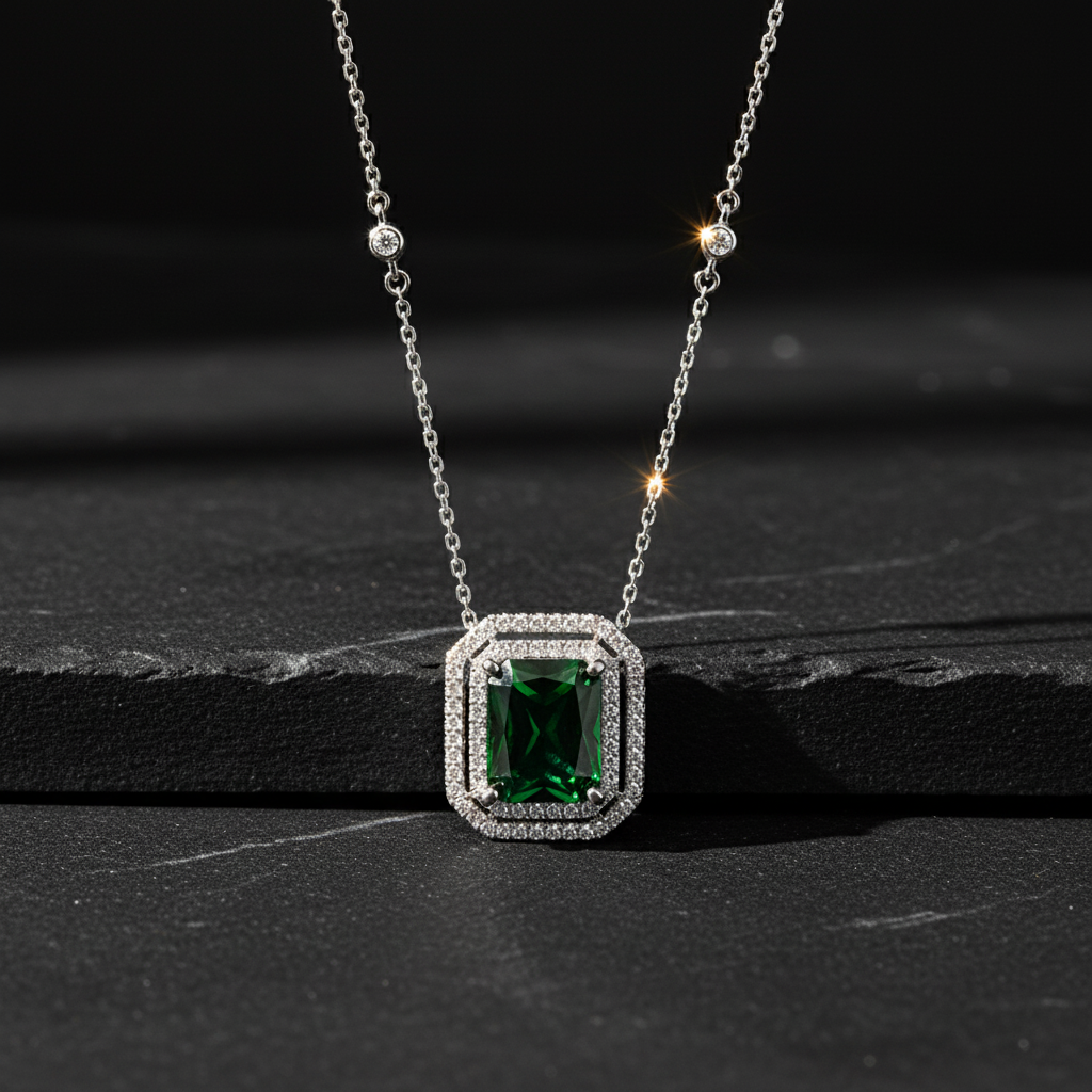 Diamond Style Zümrüt Renk Gümüş Kolye