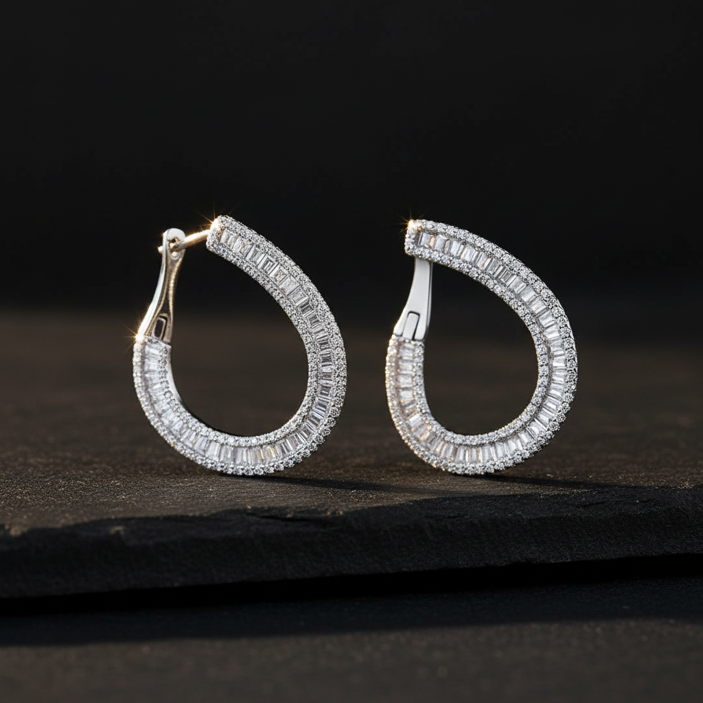 Diamond Style Baget ve Zirkon Gümüş Küpe Seti