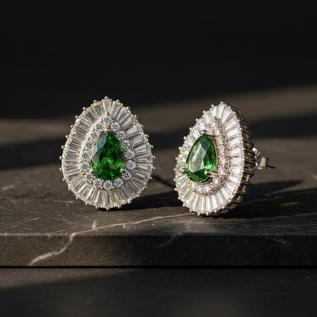 Damla Emerald Ice Cut Zircon and Fuzy Earrings
