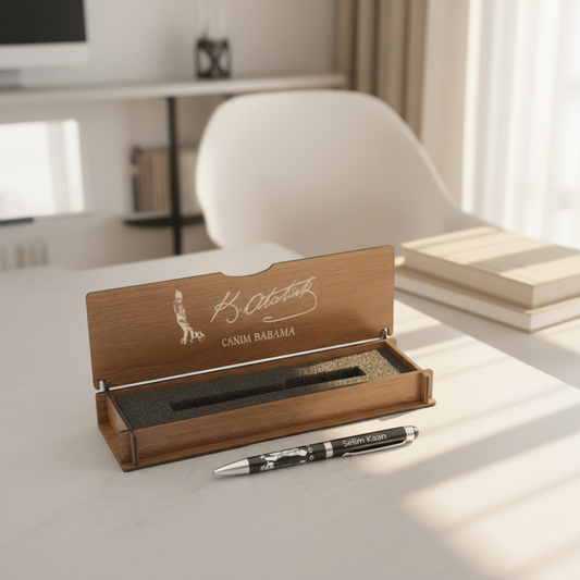 ATaturk Silhoute Broidered Crayon et Boîte-cadeau en bois