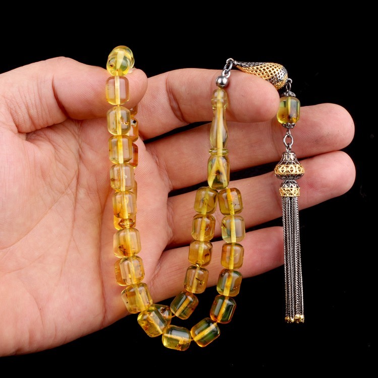 Capsule Cut Drop Amber Rosary with Silver Tassels and Fly Fossils on Each Bead