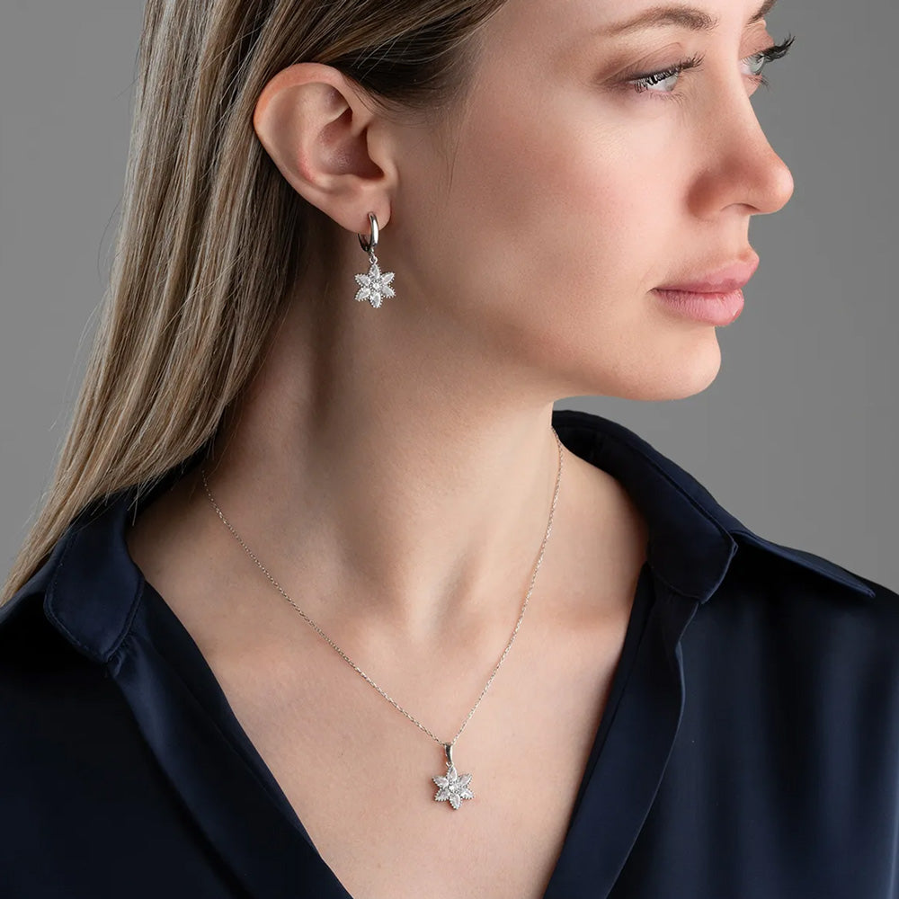 925 Sterling Silver White Zircon Lotus Necklace & Earrings Set