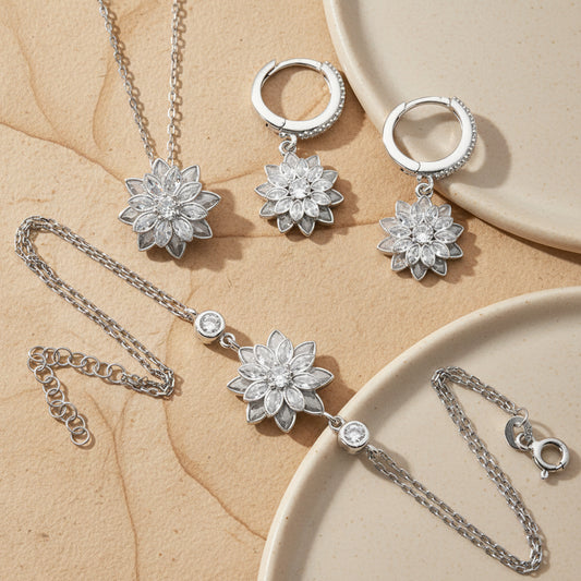 925 Sterling Silver Lotus Flower Jewelry Set (Necklace-Cup-Biletry)