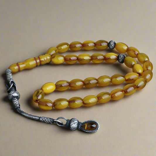 Artificial  Amber w Silver Tassel Tasbih