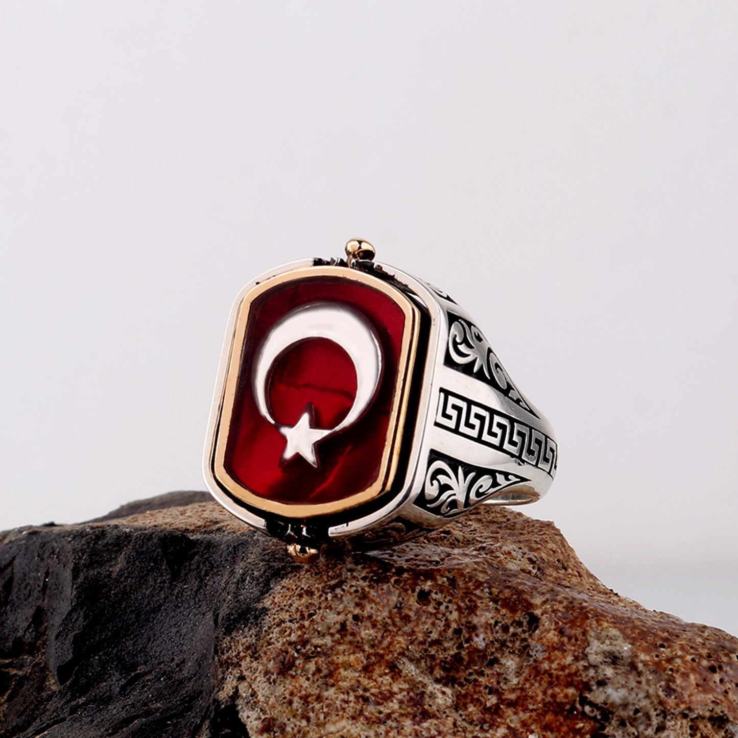 Çift Taraflı Ay Yıldız & Oniks Taşlı Erkek Yüzük | 925 Ayar Gümüş