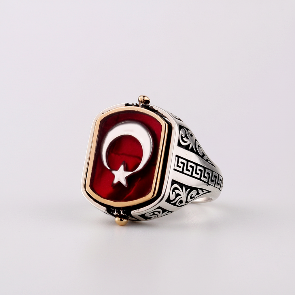Çift Taraflı Ay Yıldız & Oniks Taşlı Erkek Yüzük | 925 Ayar Gümüş