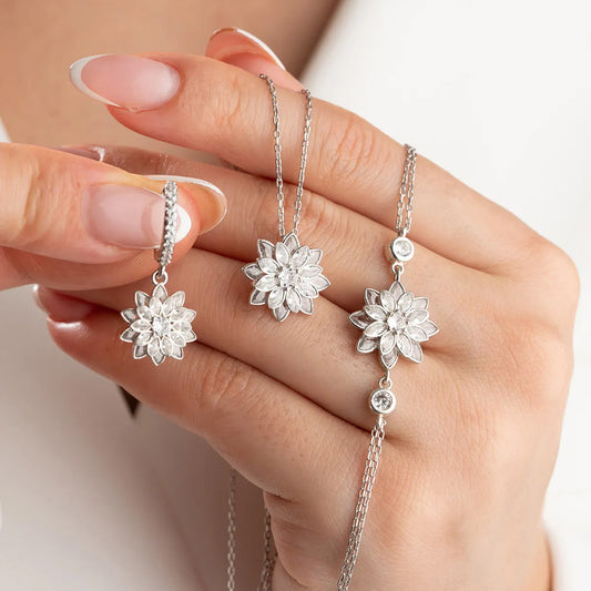 925 Sterling Silver Lotus Flower Jewelry Set (Necklace, Earrings & Bracelet)

