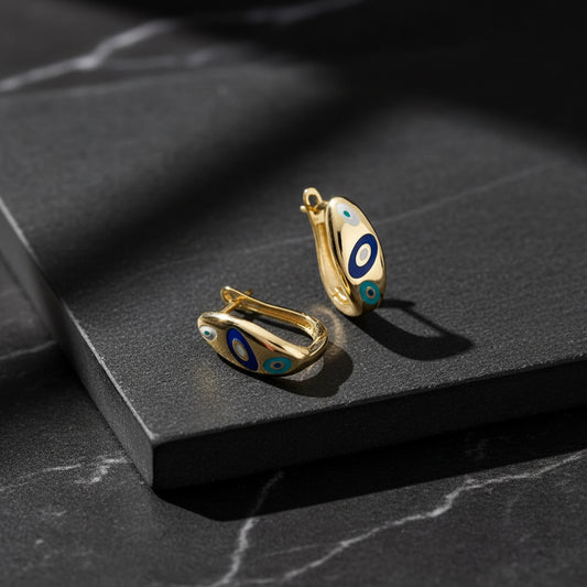 Gold Enamel Nazar Silver Earrings - 925 Sterling Silver