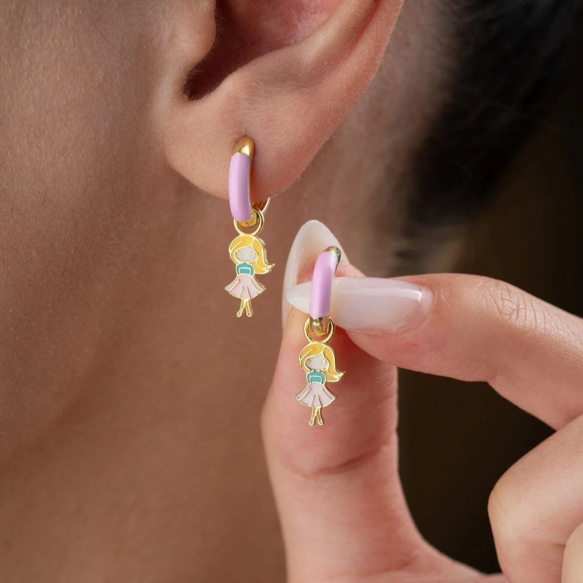 925 Sterling Silver Enameled Children's Earring with Girl Figure