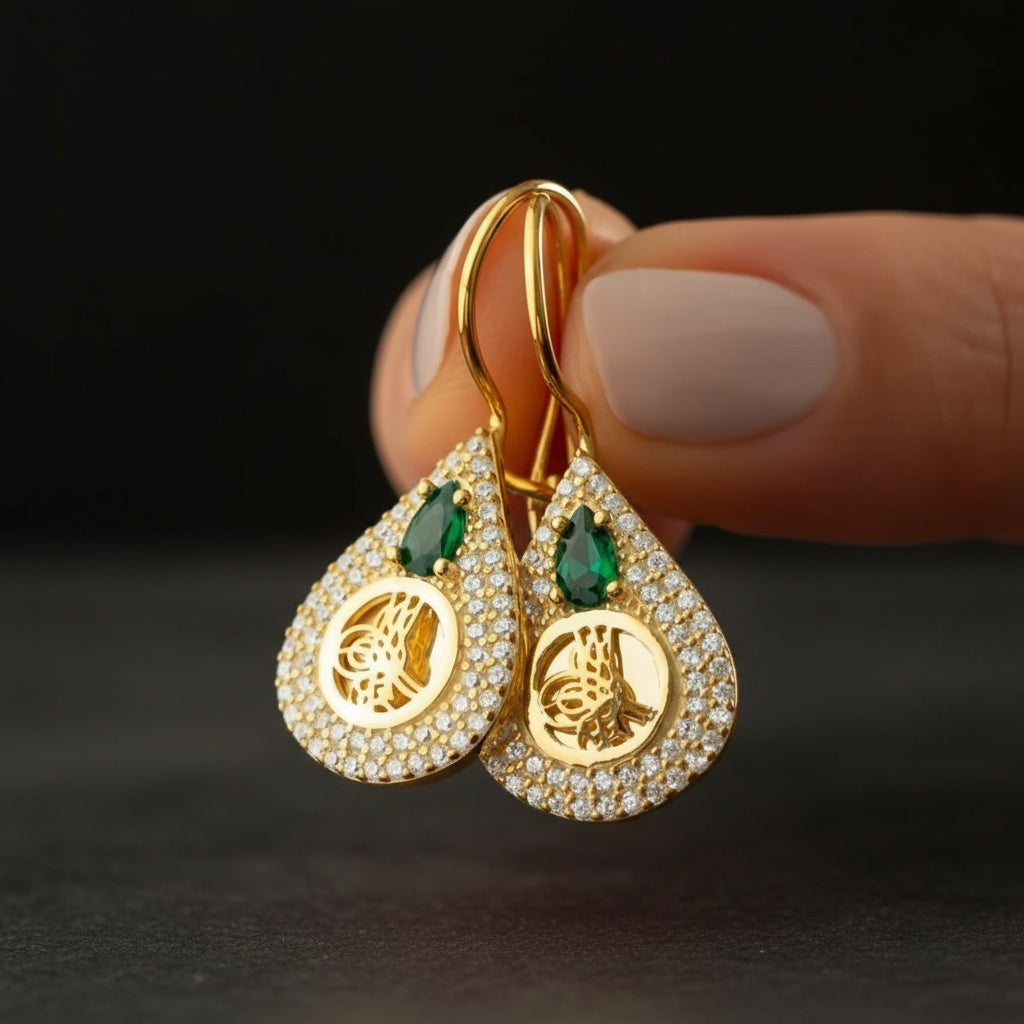 Gold Zirkon Taşlı Tuğralı Gümüş Küpe - 925 Ayar Gümüş