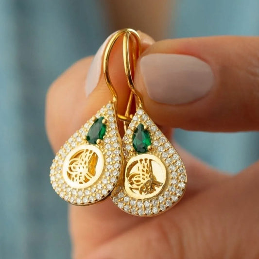925 Sterling Silver Gold Zircon Tugra Earrings
