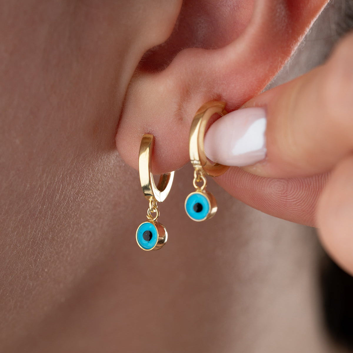 Evil Eye Stone Hoop Earring – 925 Sterling Silver – Blue Aura