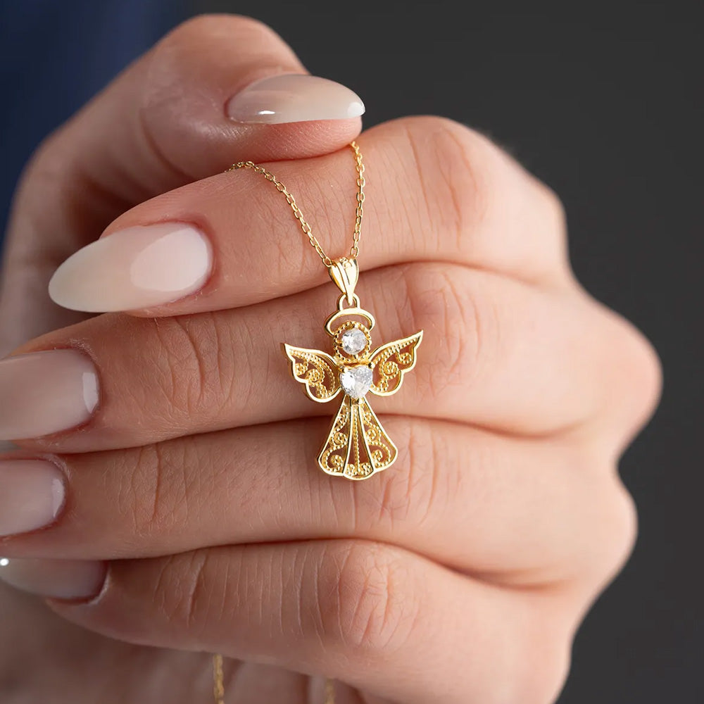 925 Ayar Gümüş Gold Işıklı Kalp Melek Kolye