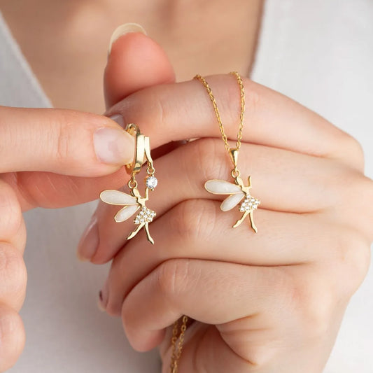 925 Sterling Silver Gold-Plated Fairy Necklace & Earrings Set

