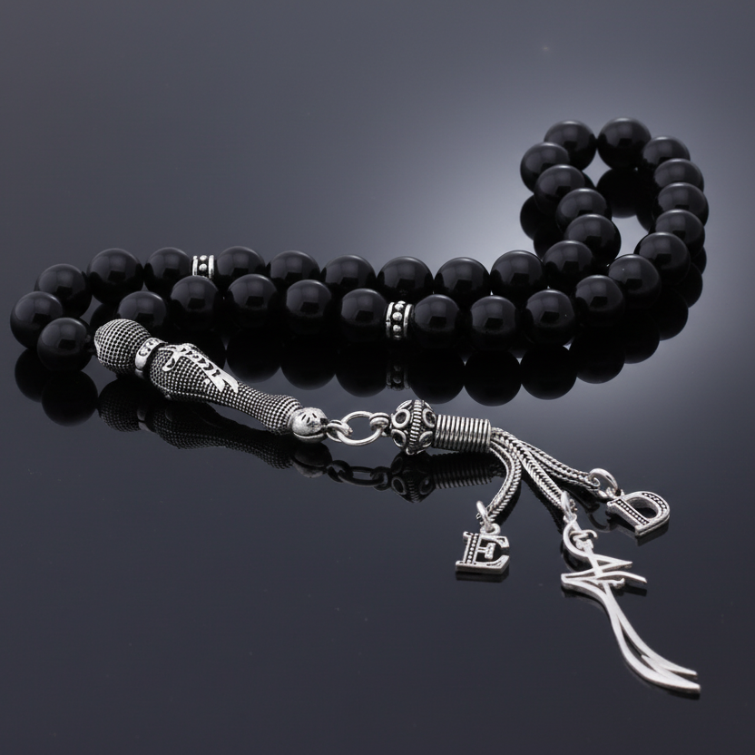 925 Ayar Gümüş Püsküllü Zülfikar Oniks Taşı Harfli Tesbih