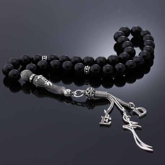 925 Sterling Silver Tassel Zulfikar Onyx Stone Letter Tesbih