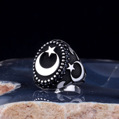 Moon Star Motif Silver Men's Ring