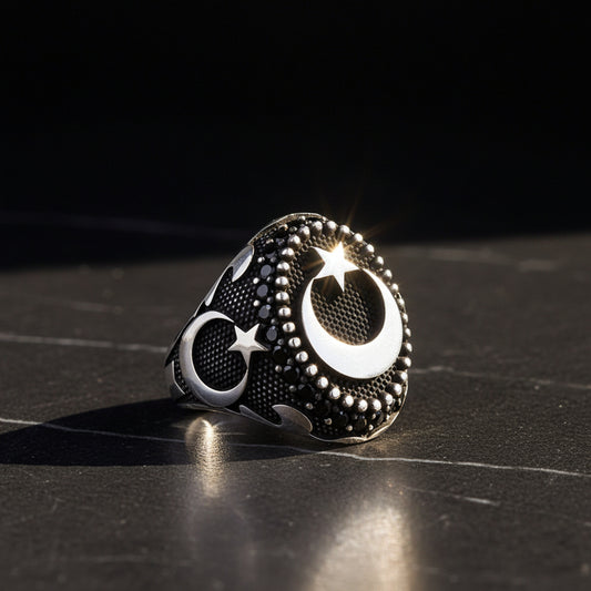 Moon Star Motif Silver Men's Ring