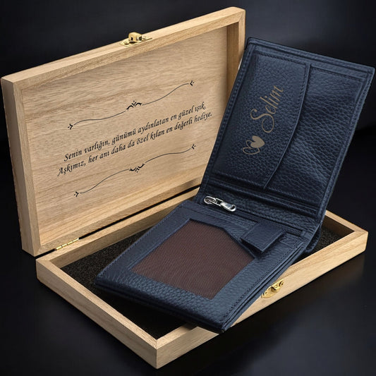 Navy Blue Men’s Leather Wallet – Personalized Wooden Box


