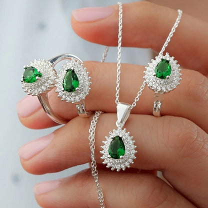 925 Ayar Gümüş Yeşil Taşlı Nostaljik Takı Seti (3'lü)