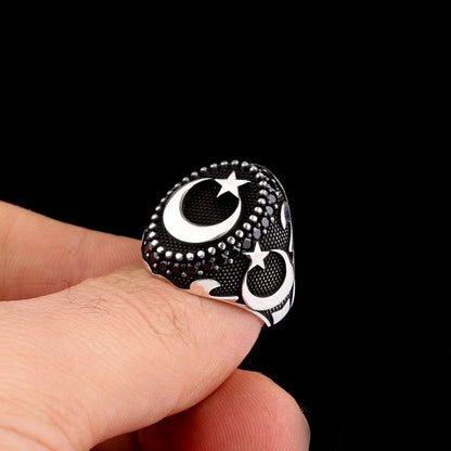 Moon Star Motif Silver Men's Ring