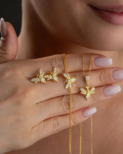 "Bahar Kraliçesi" 925 Ayar Altın Kaplama Arı Set