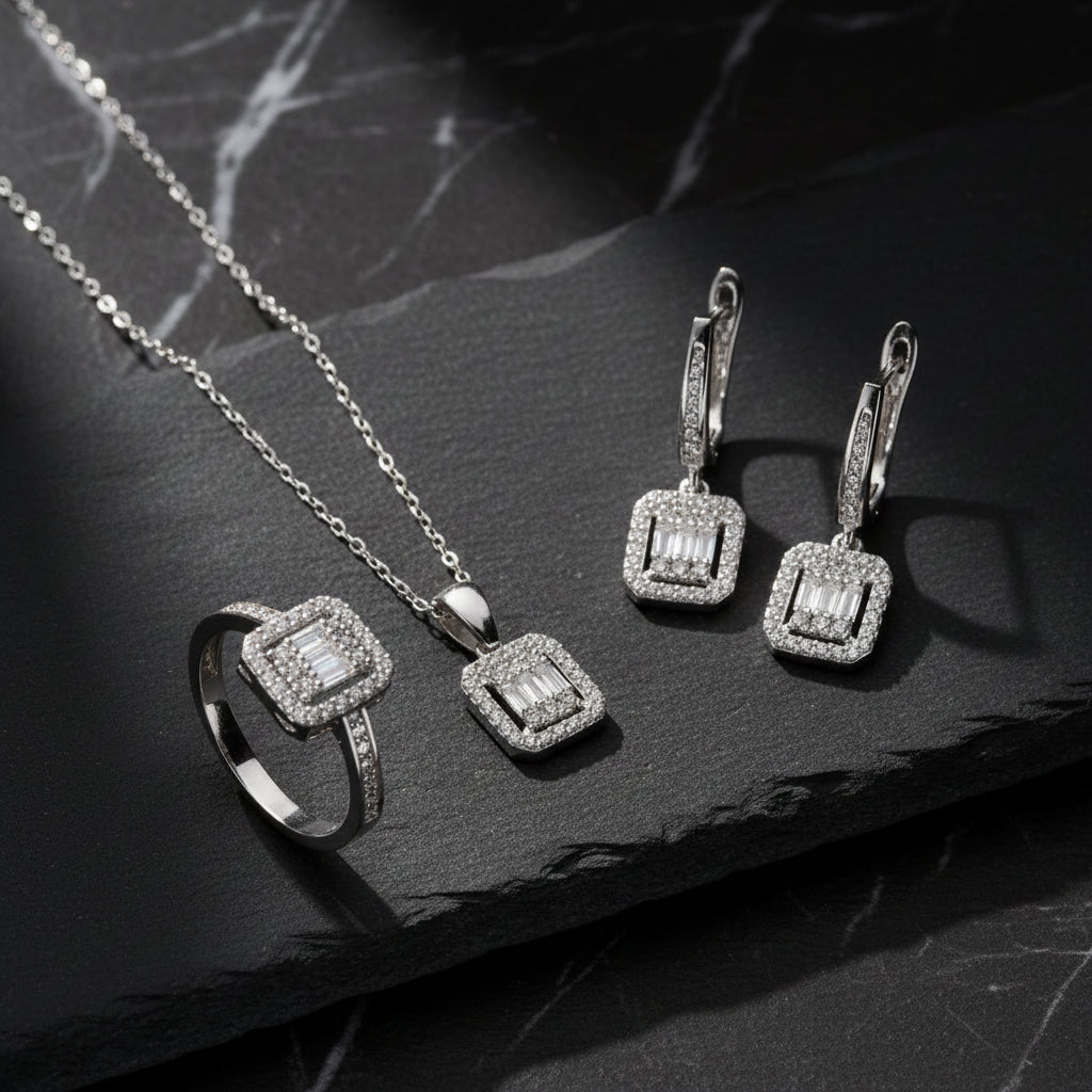 Baget Taşlı Gümüş Set