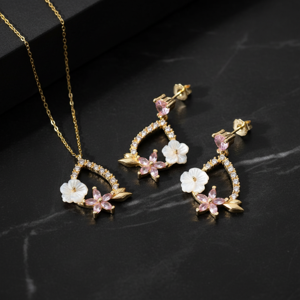 Blossom Aurora Sedef & Pembe Taşlı Gümüş Set